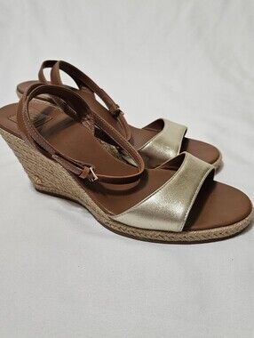 Tory Burch Gold Bima Wedge Espadrille Sandals Size 9